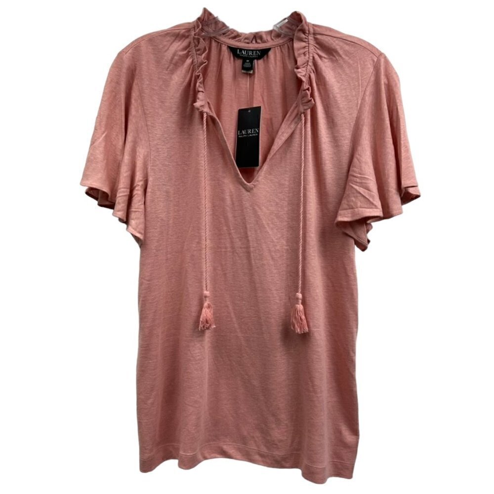 LAUREN Ralph Lauren Jersey Tie Neck Top, Ruffle Short Sleeve, Rose Pink